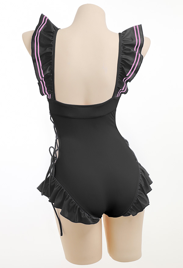 SUNDAY CANDY Kawaii Goth Girl One-piece Bathing Suit Black and Pink Bowknot Decorated Lace- up Monokini